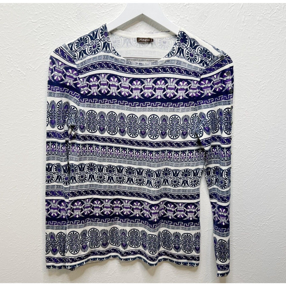 J MCLAUGHLIN Paisley Print Cotton Button Sleeve Sweater Blue Purple Artsy Unique - Picture 1 of 7